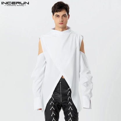 2023 männer Unregelmäßige Hemd Solide Rollkragen Langarm Off Schulter Streetwear Männer Kleidung Mode Casual Camisas INCERUN S-5XL