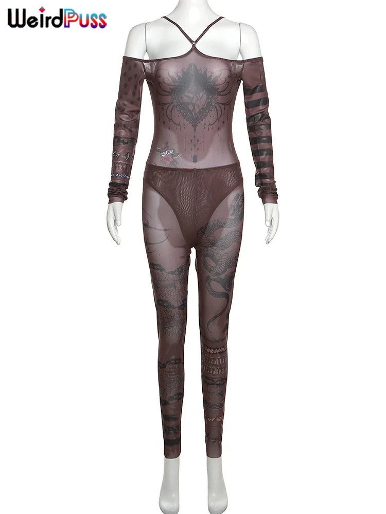 Weird Puss Sexy Durchsichtiges 2-teiliges Damen-Set mit modischem Herz-Print und Slash-Neck-Body + Leggings, passender Mitternachts-Clubwear-Anzug