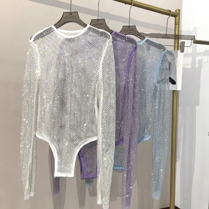 Body en résille transparent avec strass brillant pour femme, body Sexy en maille à la mode