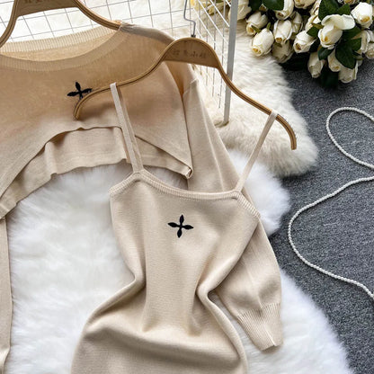 YuooMuoo Autumn Women Dress Set Fashion Y2K Knitted Spaghetti Strap Mini Dress + Full Sleeve Crop Top Streetwear Two Piece Suits