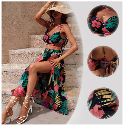 Y2K Bikini Crop Tops Long Dress Sexy Set for Women Summer Fashion Two Pieces Skirt Beach Style Floral Print Midi Sexy Boho Sets