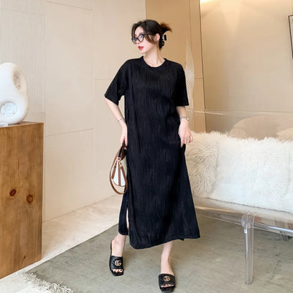 #6171 Black Pleated Long T Shirt Dress Short Sleeve Loose Streetwear Ladies Dresses O-neck Preppy Style Straight Tshirt Dress