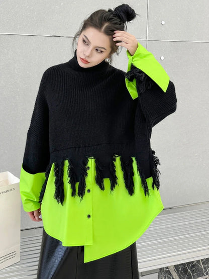 [EAM] Tassel Color-block Big Size Knitting Sweater Turtleneck Long Sleeve Women Pullovers New Fashion Spring Autumn 2024 1DH1043