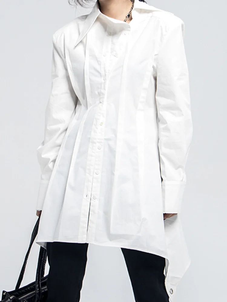 [EAM] femmes blanc irrégulière plissé longue Blouse nouveau revers à manches longues coupe ample chemise mode marée printemps automne 2024 1DF6923