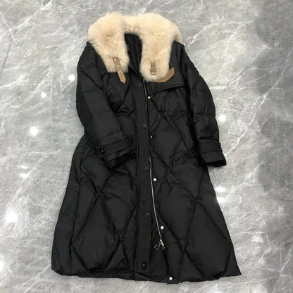 Winter Women Long White Duck Down Jacket 2024 New Luxury Design Large Fox Fur Collar Thick Warm Coats Elegant Windproof Outwear