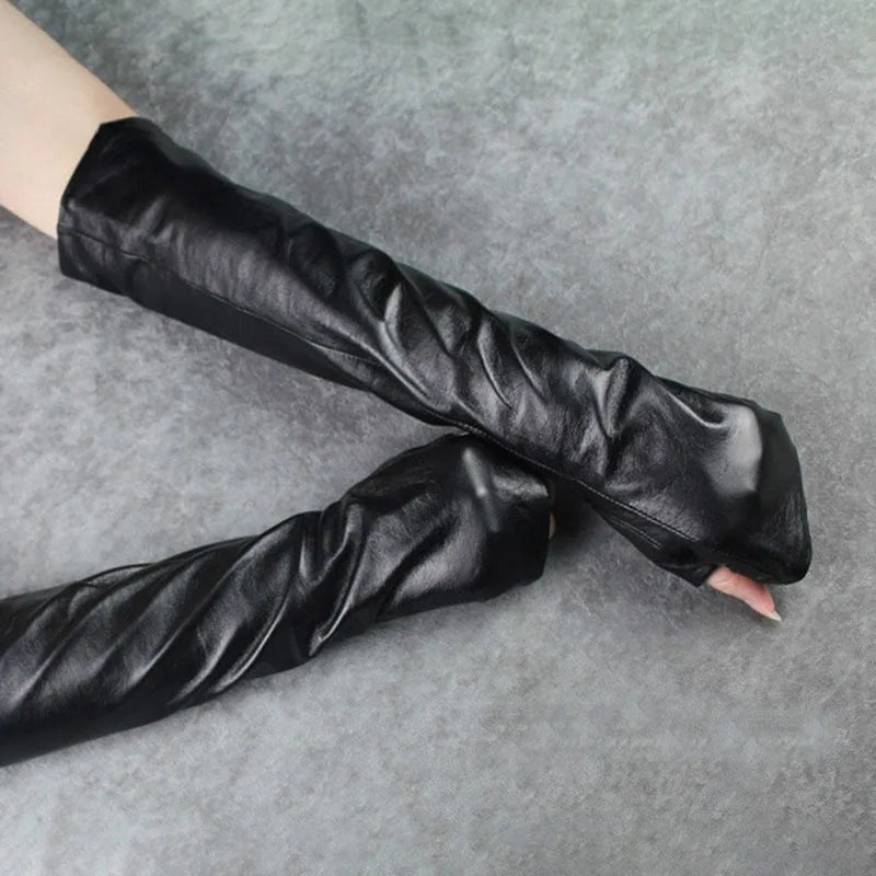 [EAM] Women Black Long Elegant Gloves New Pu Leather Personality   Fashion Tide All-match Spring Autumn 2024 1DH1981