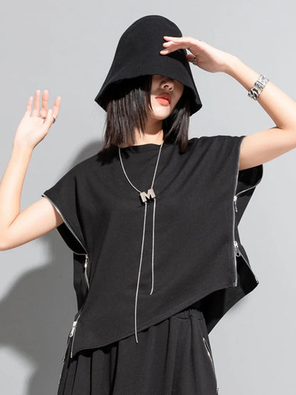 [EAM] Women Black Zipper Irregular Big Size Casual T-shirt New Round Neck Sleeveless Fashion Tide Spring Summer 2024 1DF7632