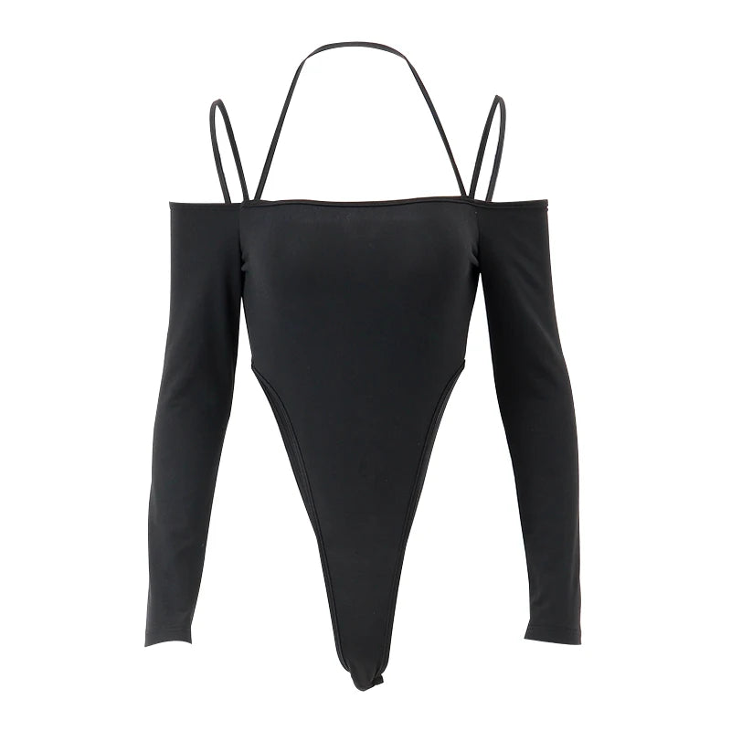 Xeemilo Sexy Off Shoulder Halter Bodysuit Aesthetic Spaghetti Straps Long Sleeve T Shirt Women Slim Fit Party Clubwear Bodysuits