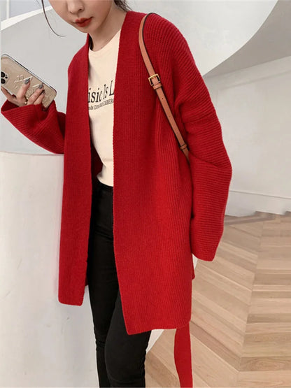 [EAM] Belted Big Size Knitting Cardigan Sweater Loose Fit V-Neck Long Sleeve Women New Fashion Tide Autumn Winter 2024 1DE2914