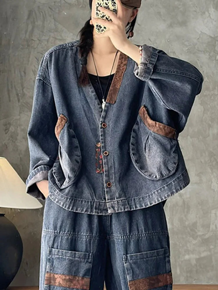 2023 herbst Koreanische Frauen Mode Kleidung Frauen V Neck Denim Jacken Lose Vintage Mäntel Damen Casual Klassische Luxus Oberbekleidung