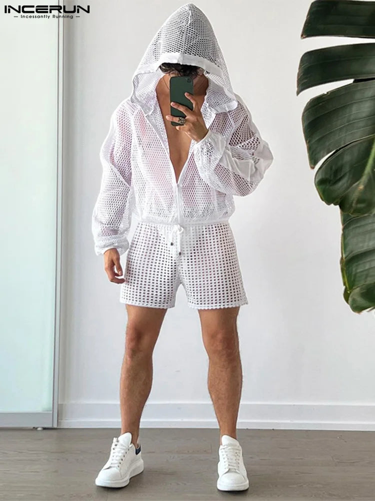 2023 Men Mesh Sets Transparent Streetwear Vacation Hooded Long Sleeve Zipper Outerwear & Shorts 2PCS Men Casual Suits INCERUN