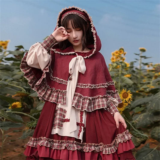 Robe Lolita rouge Vintage en Patchwork pour femmes, avec cape, mignonne femme Bing Cosplay, petit chaperon rouge, tendance 2022