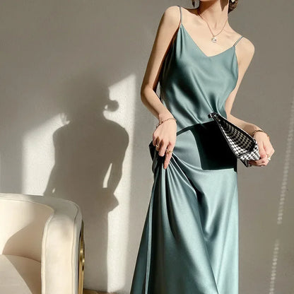 100% Silk 2023 Summer Women's New V-neck Slim Dress Satin Ladies Sexy Suspender Dress Long Dress