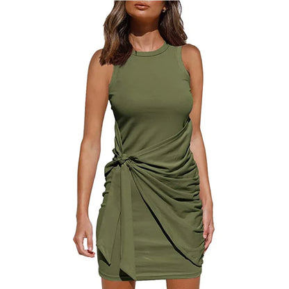 Women 2024 Solid Color Drawstring Wrap Sleeveless Summer Casual Short Dresses