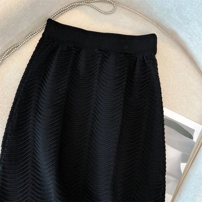 2024 Summer French Temperament Wave Texture Knit  2 Pieces Sets Dress Women Lape Short Sleeves Buttons Top + A-line Mini Skirt