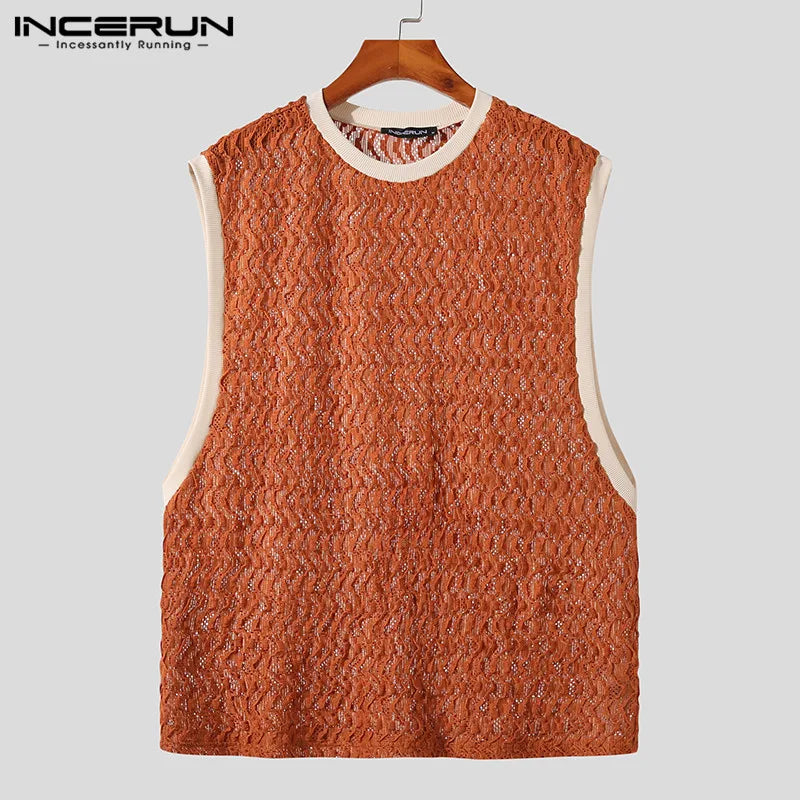 2023 männer Tank Tops Patchwork Mesh Transparente Spitze Streetwear Oansatz Ärmellose Westen Sexy Mode Männer Kleidung S-5XL INCERUN 7