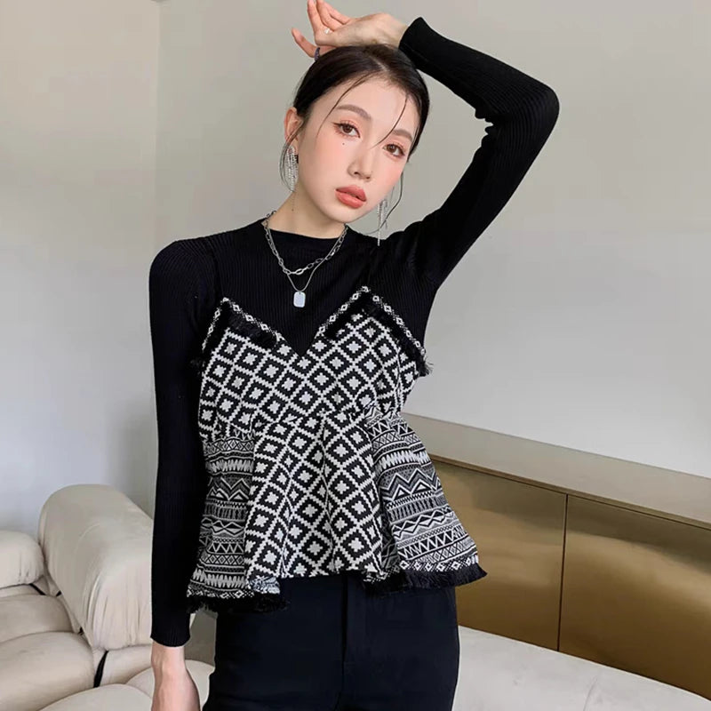 Frühling Herbst Anzug Frauen Koreanische Dünne Plaid Patchwork Pullover Hohe Taille Halben Rock Zwei Stück Set Strickwaren Tops Röcke Outfits