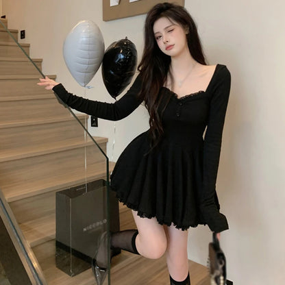 Autumn Women Square Collar Korean Dress Short French Style Long Sleeve Collarbone Exposed Slim Dresses