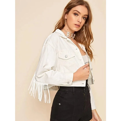 2024 Frühjahr und Herbst Neue Damen Quaste Jeansjacke Damen Weiße Jacke