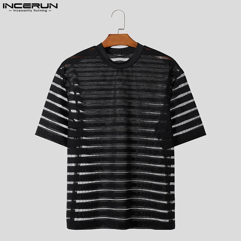 2023 männer T Shirt Mesh Gestreiften Oansatz Kurzarm Transparent Männer Kleidung Streetwear Sexy Koreanische Mode T Tops S-5XL INCERUN