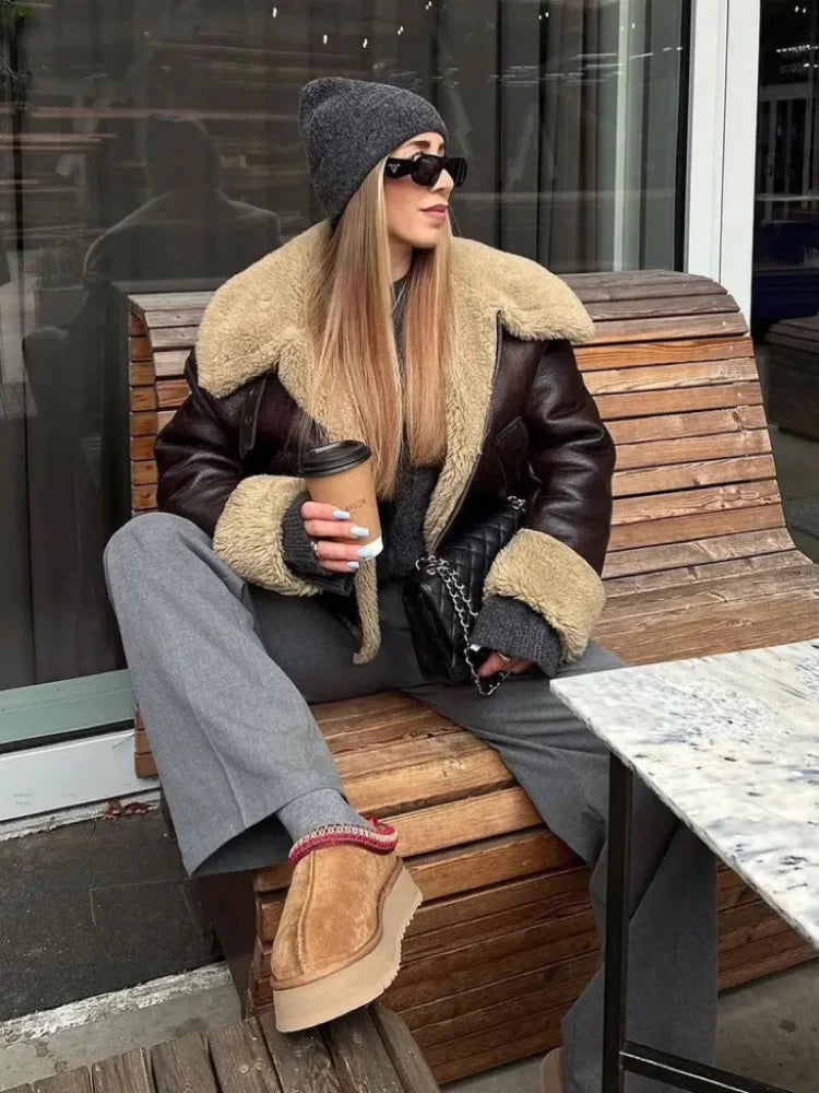 Winter Fur Integrated Lapel Women Jacket Long sleeve Fashion Zipper Pocket Ladies Coat 2024 Autumn Warm Street Style Women's Top