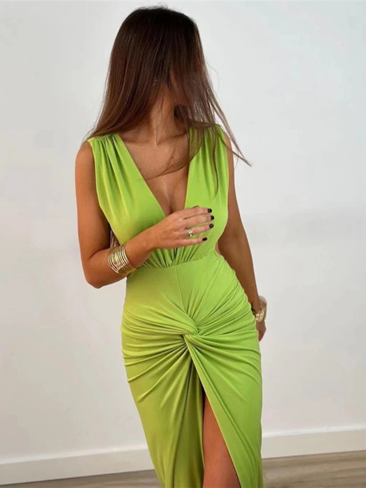 WeiYao Sexy Tiefem V-ausschnitt Geraffte Schlitz Maxi Kleid Für Frauen 2023 Elegante Sommer Vestido Ärmellose Dünne Lange Kleider Club Kleidung