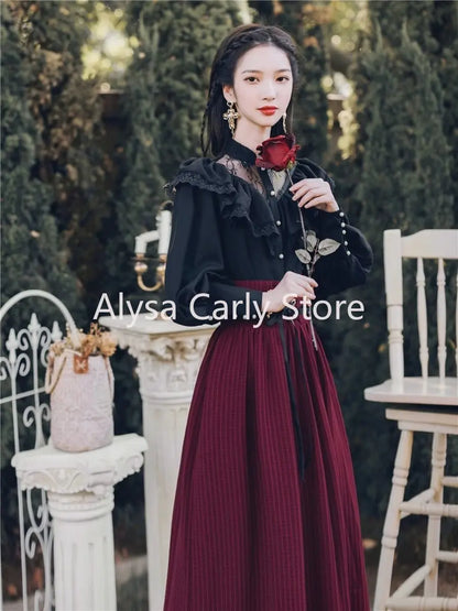 Vintage Gothic Zweiteiler Kleid Sets Damen Schwarze Spitze Rüschenbluse + Schnür-Midirock 2023 Winter Court Retro Casual Anzüge Y2k