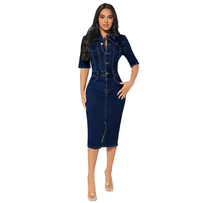 Trendy Damen Kurzarm Elastische Knöpfe Jeans Denim Mittellanges Kleid Damen Für Herbst Jean Paket Hüftrock