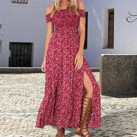 Damenkleid, schulterfrei, tailleneng, doppelt geteilter Saum, Boho-Kleid, böhmisches Blumenmuster, kurzärmelig, Maxikleider, Damenkleidung