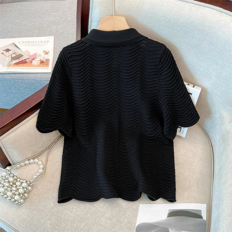 2024 Summer French Temperament Wave Texture Knit  2 Pieces Sets Dress Women Lape Short Sleeves Buttons Top + A-line Mini Skirt