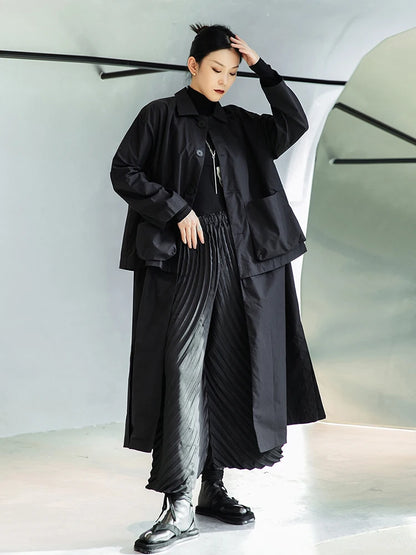 [EAM] femmes noir grande taille longue poche Trench nouveau revers à manches longues coupe ample coupe-vent mode printemps automne 2024 1DE3081