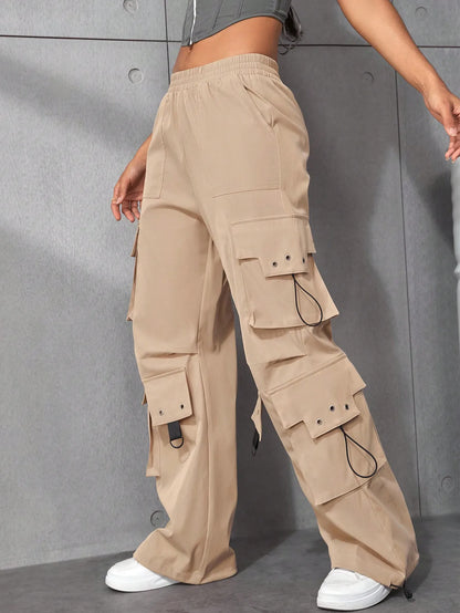 Y2k 2023 High Street Trend Hip Pop Flap Pocket Side Solid Color Elastic Waist Loose Straight Cargo Pants Streetwear