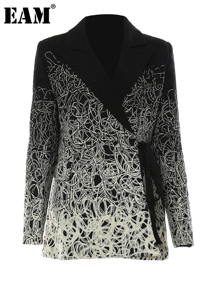 [EAM] Women Black Embroidery Big Size Blazer New Lapel Long Sleeve Loose Fit Jacket Fashion Tide Spring Autumn 2024 17A4201H