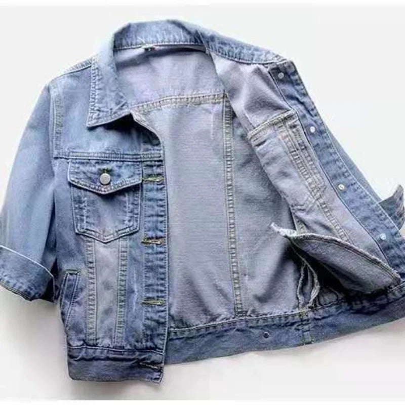 Frühling Sommer Halbarm Frauen Kragen Distressed Mantel Damen Washed Cropped Denim Jacke Mädchen Ripped Jean Cardigan Schal