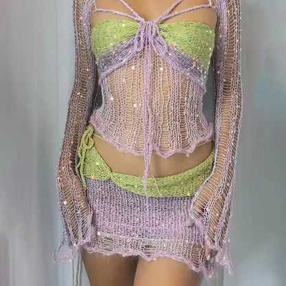 Robe tricotée au Crochet, ensemble jupe deux pièces, vêtements d'hiver pour femmes, hauts courts sexy, robe élégante en tricot à paillettes, ensemble 2 pièces, 2023