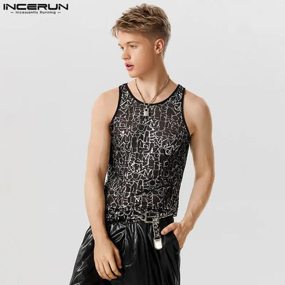 2023 männer Tank Tops Mesh Transparent Druck Oansatz Sexy Ärmellose Mode Westen Fitness Streetwear Shiny Männer Kleidung INCERUN