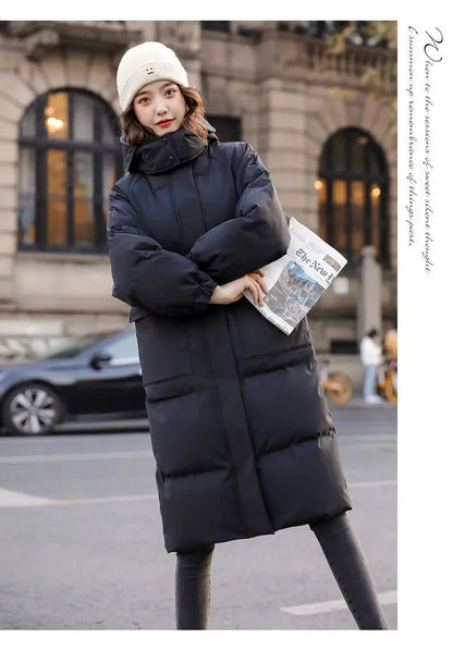 Veste en duvet de coton pour femmes, vêtements d'hiver, nouveau manteau coréen ample rembourré en coton, pardessus Long décontracté, épais et chaud, Parka à capuche, 2023