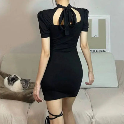 2024 neue Vintage Schwarz Bandage Sexy Kleid Spice Girls Aushöhlen Kurzarm Kleid frauen Süß Würzig Dünne Rock Halloween