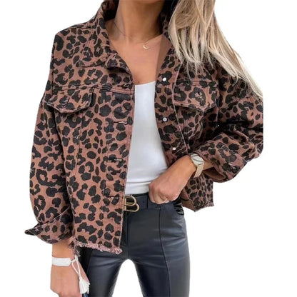 Vintage Denim Jacken für Frauen 2024 Neue Leopard Demin Jacke Trendy Langarm Schlank Winter Jacke Frauen Mäntel Freund Lose