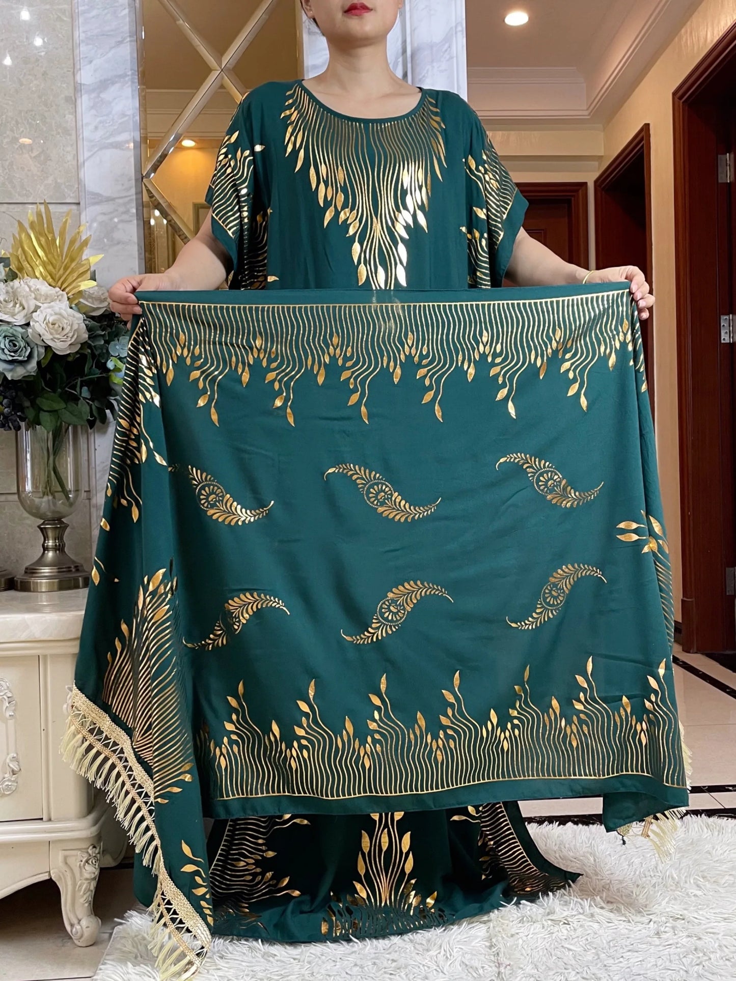 2024 sommer Kurzarm Kleid Reine Baumwolle Gold Prägung Lose Abaya Maxi Islam Kleid Mit Quasten Großen Schal Afrikanische Lange kleid