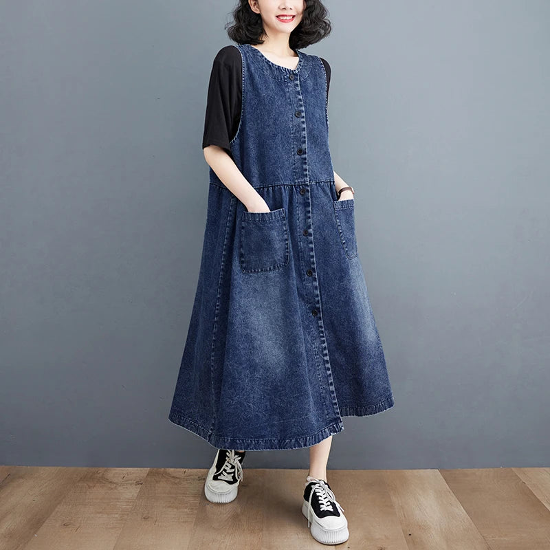 Denim Dresses Vest Women Summer Loose Sleeveless Jean Dress A Line V-neck Dress Female Vestidos Spaghetti Sundress DW823