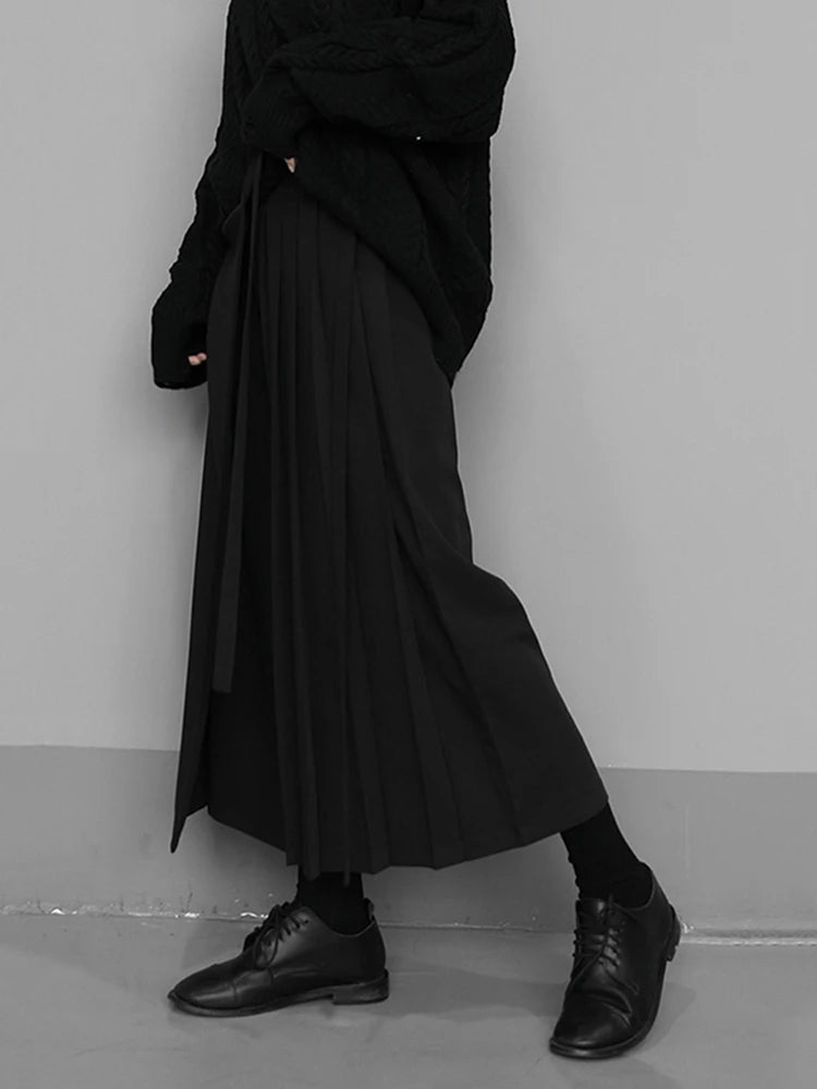 [EAM] High Elastic Waist Black Pleated Split Wide Leg Trousers New Loose Fit Pants Women Fashion Tide Spring Autumn 2024 1N666