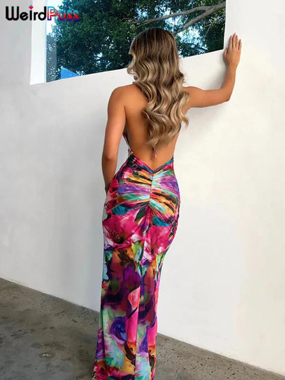 Weird Puss Rückenfreies Halter-Frauen-Kleid mit Blumendruck, niedriger Brust, transparent, sexy, figurbetont, Party am Meer, Strandurlaub, Pfirsich-Hüfte-Kleid