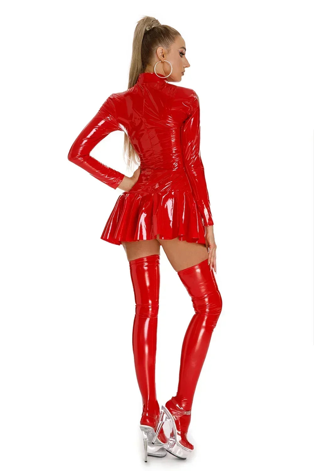 Robe courte Sexy en cuir PVC brillant pour femmes, façonnage érotique, plissée en Latex, fermeture éclair, exposition des seins porno, Mini robe en Latex