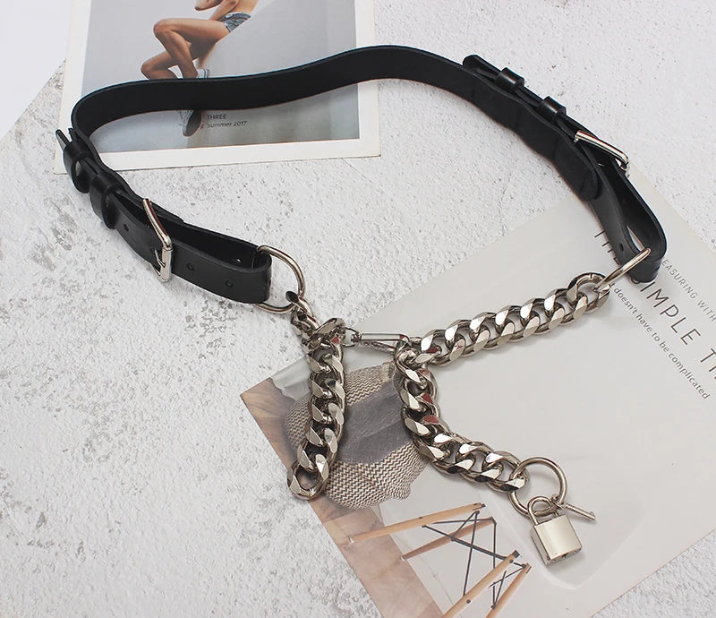 [EAM]  Pu Leather Black Thick Metal Chain Long Wide Belt Personality Women New Fashion Tide All-match Spring Autumn 2024 1DD9566