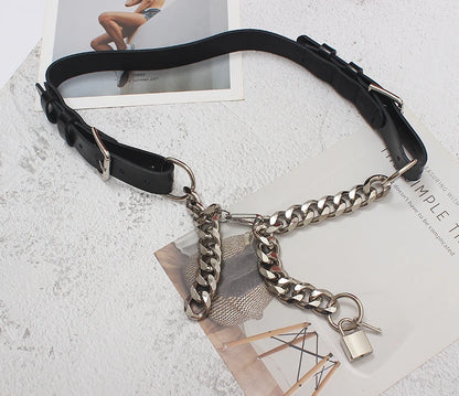 [EAM]  Pu Leather Black Thick Metal Chain Long Wide Belt Personality Women New Fashion Tide All-match Spring Autumn 2024 1DD9566