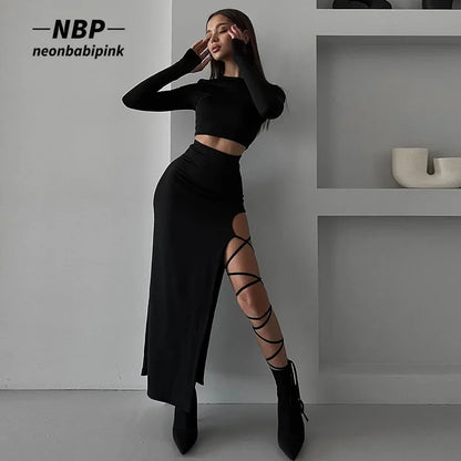 NEONBABIPINK Sexy Two Piece Set Long Sleeve Crop Top Irregular High Split Bandage Long Skirt Set Club Outfits Fall 2023 N69-CG22