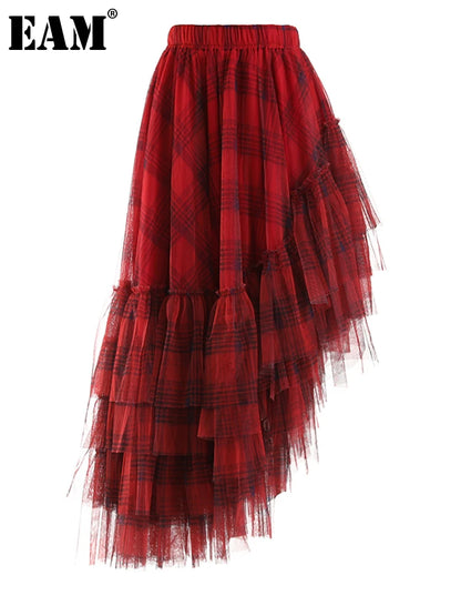 [EAM] Hohe Elastische Taille Rot Plaid Mesh Unregelmäßigen Lange Casual Halbkörper Rock Frauen Mode Flut Neue Frühling herbst 2024 1DF1247