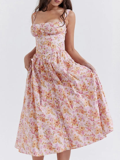 Robe mi-longue élégante à imprimé Floral pour femmes, tenue de vacances, Slim, boutons, Sexy, taille haute, sans bretelles, nouvelle collection été 2024