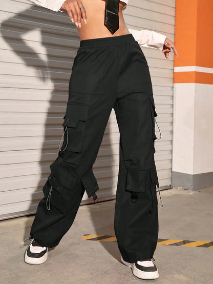 Y2k 2023 High Street Trend Hip Pop Flap Pocket Side Solid Color Elastic Waist Loose Straight Cargo Pants Streetwear